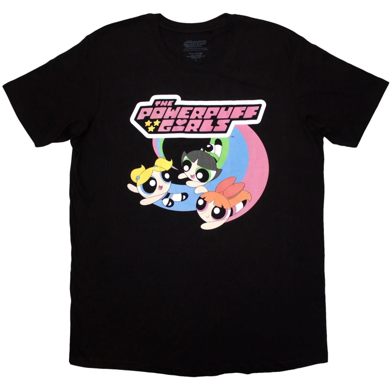 Image of Powerpuff Girls Mens Trio Flying Logo T-Shirt in Black Size: Small Black Male S