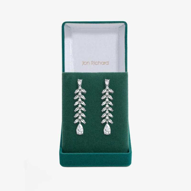Image of Jon Richard Rhodium Plated Cubic Zirconia Leaf Earrings - Gift Boxed Silver