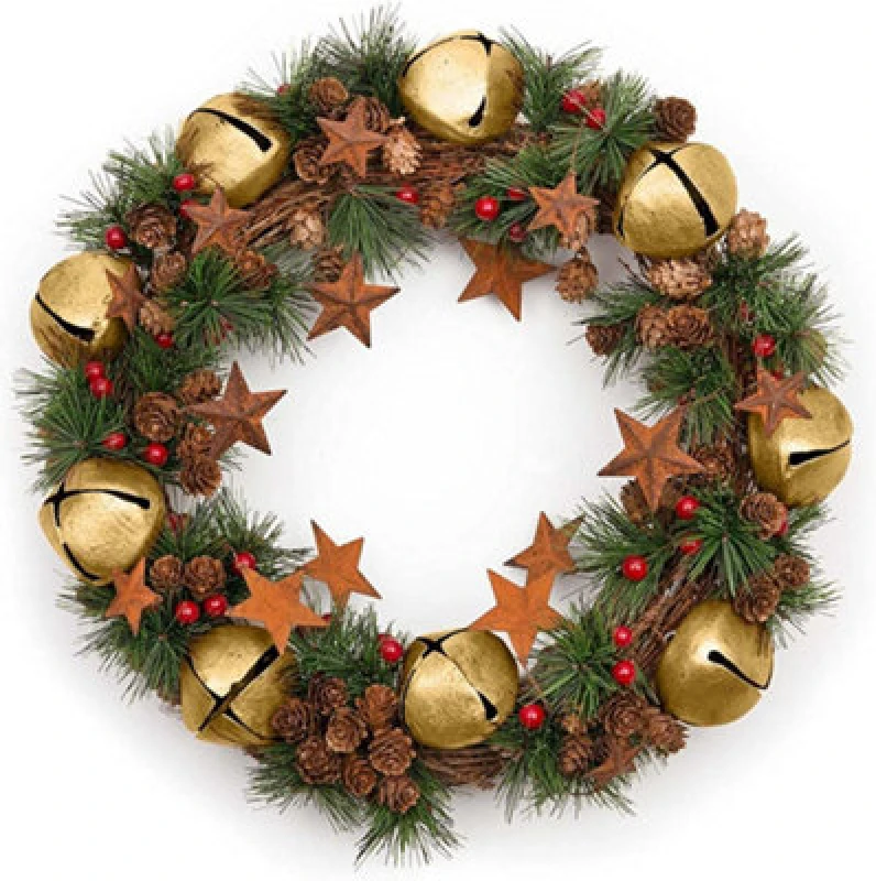 Image of Shatchi 40cm Christmas Wreath with Jingle Bells Stars Pine Cones Berries Leaves for Outdoor Gold
