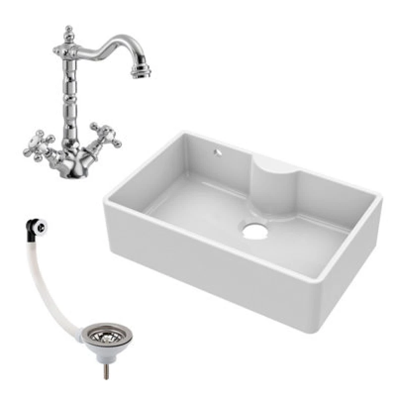 Image of Balterley Fireclay 1 Bowl Butler Sink Overflow Tap Ledge Tap Waste 795mm White