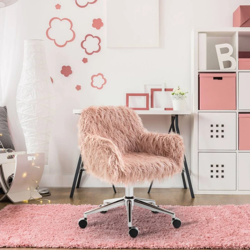 Image of VINSETTO Faux Fur Home Office Chair, Vanity Chair w/ Adjustable Height, Pink Pink Unisex