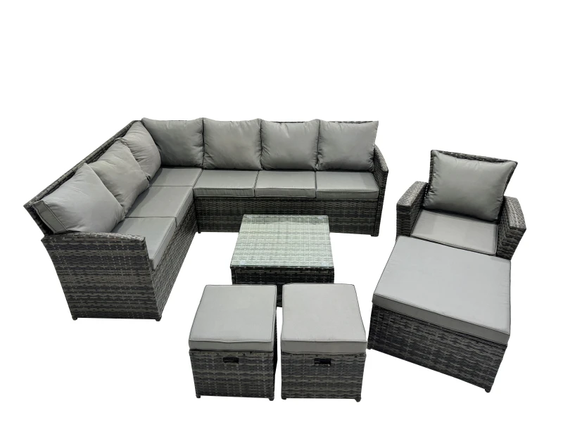 Image of Fimous 10 Seat Outdoor Coffee Table Corner Sofa Set with 3 Stool Chair in Dark Grey Dark Grey Unisex