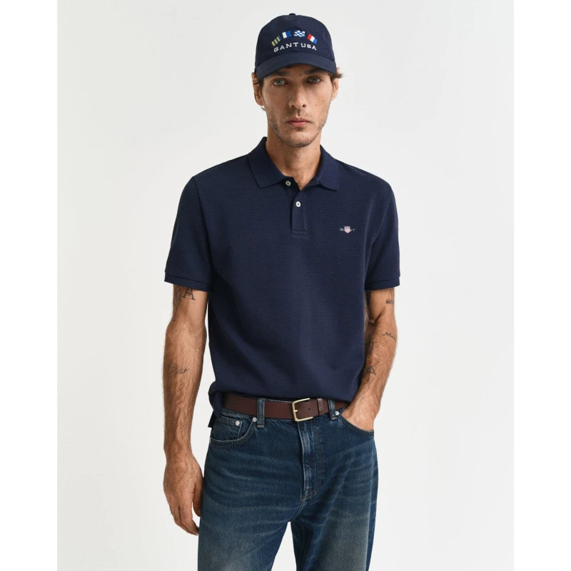 Image of Gant Textured Polo Shirt Evening Blue male S