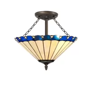 Image of 3 Light Semi Flush Ceiling E27 With 40cm Tiffany Shade, Blue, Crystal, Aged Antique Brass