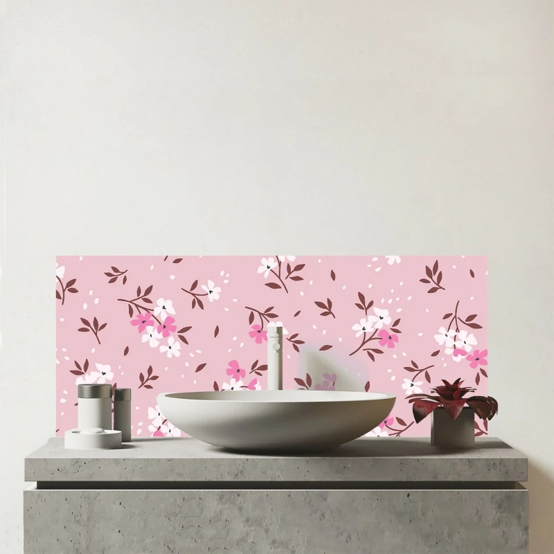 Image of Warren Reed - Designer Pretty Pink Flower Pattern Glass Bathroom Splashback Pink Unisex