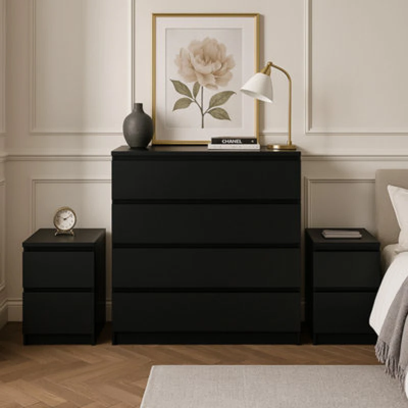 Image of Birlea 3 Piece Furniture Set Chest of Drawers Bedside Tables Birlea Oslo in Black One Size Unisex 5056206656232
