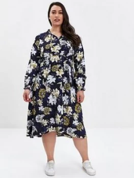 Image of Evans Navy Floral Print Tie Neck Dress