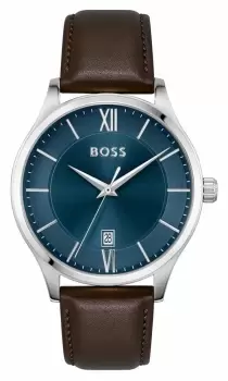 Image of BOSS 1513955 Mens Elite Blue Dial Brown Leather Strap Watch