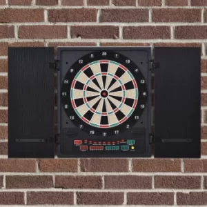 Image of HOMCOM Electronic Dartboard In Case LED Scoreboard w/ 12 Darts 30 Heads Side Storage Cabinet Classic Game Family Fun Game Black White