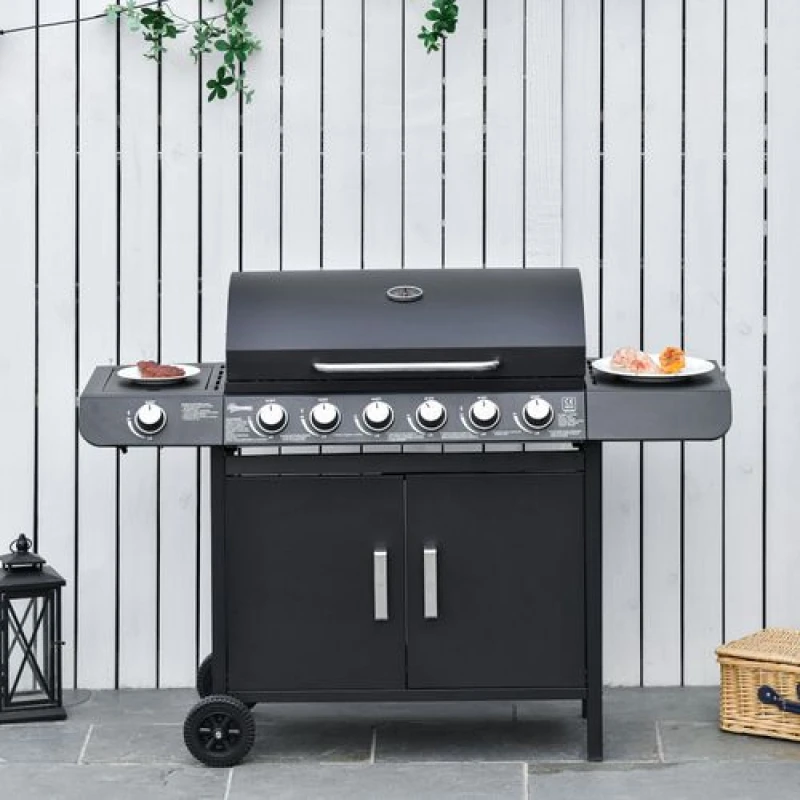 Image of Outsunny Outsunny - 6+1 Burner Gas bbq Grill Garden Barbecue with Wheels, Cabinet - Black 5056725501303