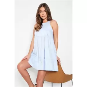 Image of I Saw It First Baby Blue Cotton Poplin Sleeveless Tiered Smock Dress - Blue