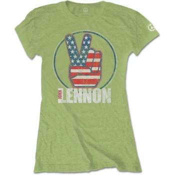 Image of John Lennon - Peace Fingers US Flag Womens Small T-Shirt - Kiwi Green