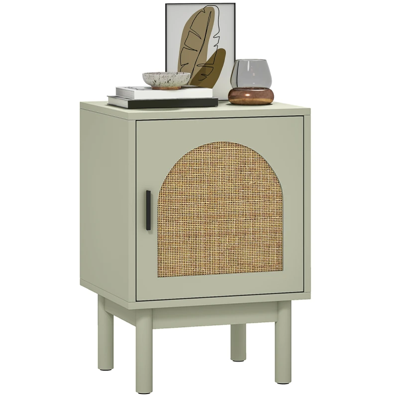 Image of HOMCOM HOMCOM Rattan Bedside Table with Adjustable Shelf and Solid Wood Legs in Light Green Light Green One Size Unisex 5063603440616