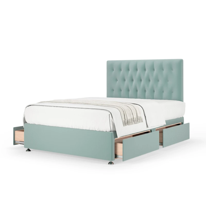 Image of Bedmaster Bedmaster Plush Velvet 4 Drawer Divan Base And Button Headboard in Duck Egg Blue Size: Double Duck Egg Blue Double Unisex 7867870949807