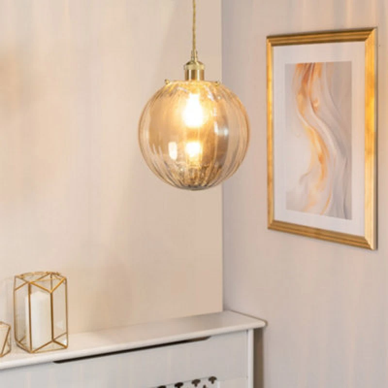 Image of ValueLights Chessy Ribbed Glass Globe Easy Fit Lamp Shade with LED Bulb Gold