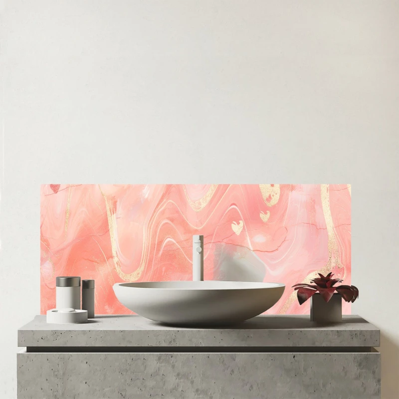 Image of Warren Reed - Designer Salmon Pink Hearts Marble Effect Glass Bathroom Splashback Pink Unisex