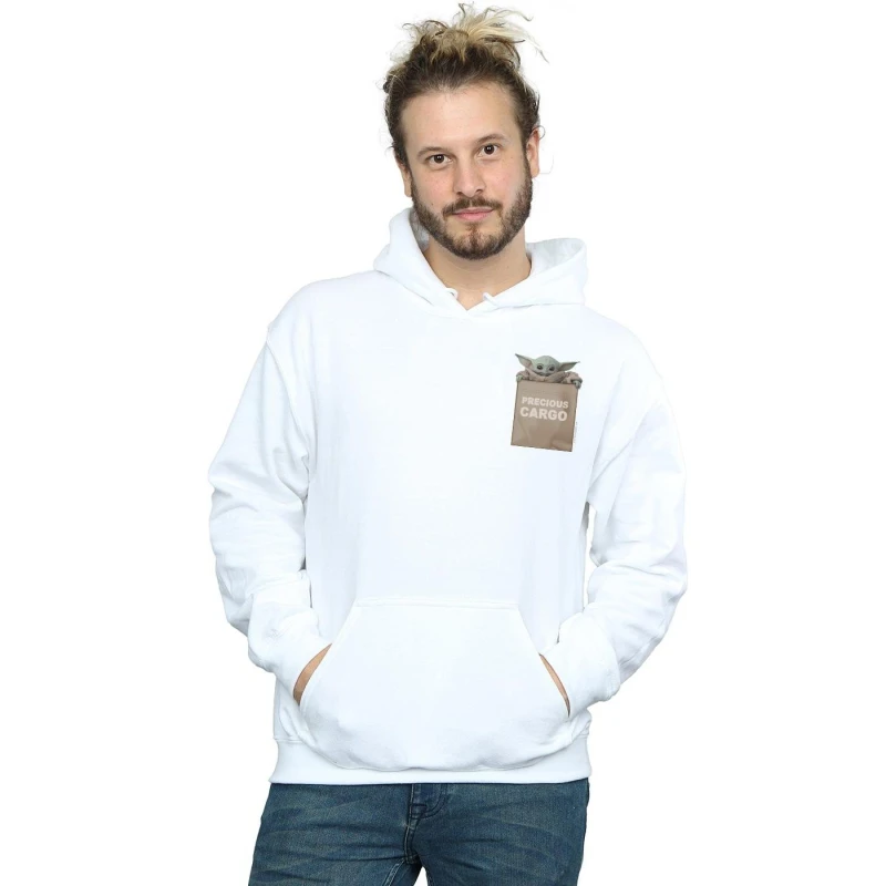 Image of Star Wars Star Wars Men The Mandalorian Precious Cargo Faux Pocket Hoodie in White Size: Small White S Male 5059400597431