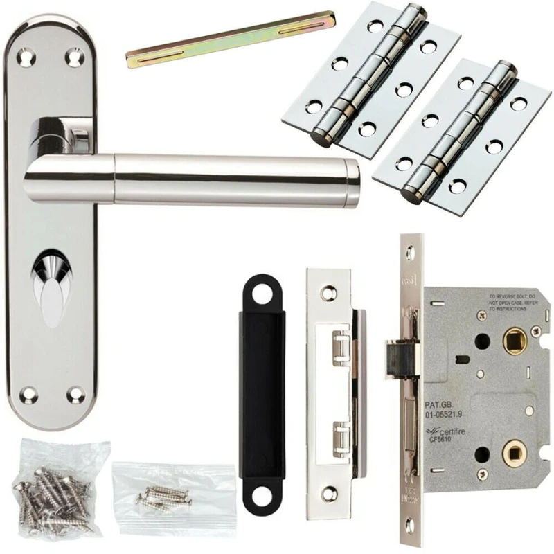 Image of Loops Door Handle & Bathroom Lock Pack Chrome Straight Round Bar Thumb Turn Backplate Multi