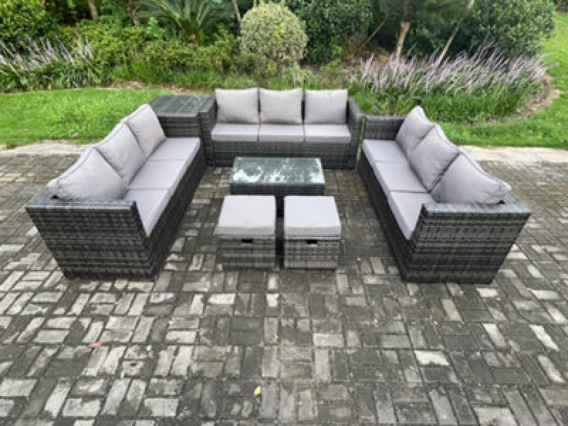 Image of Fimous Outdoor Lounge Sofa Set Wicker PE Rattan Garden Furniture Set with Oblong Coffee Table Side Table 2 Small Footstools Dark Grey