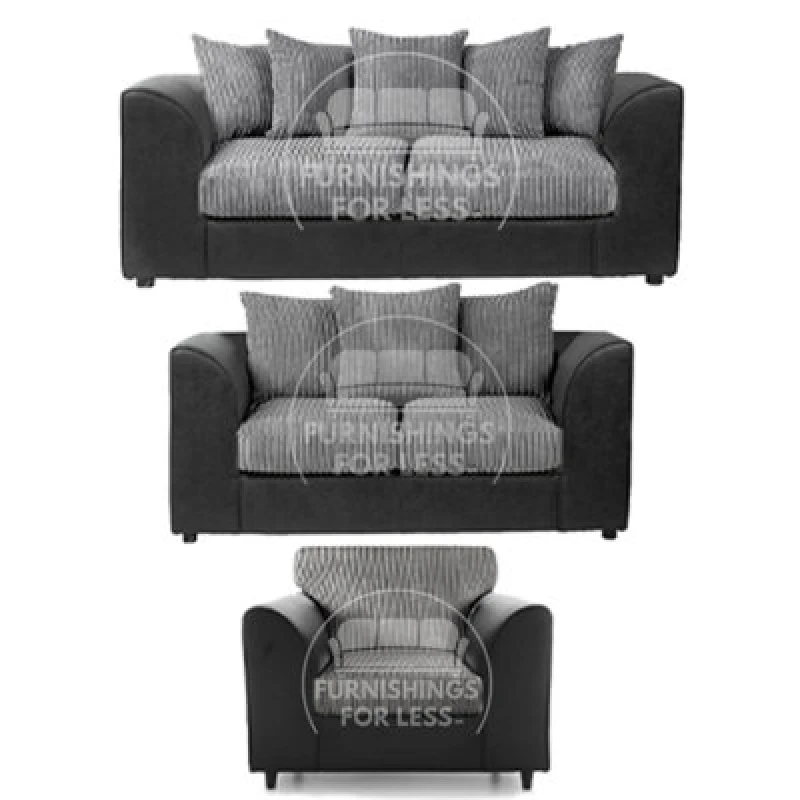 Image of Furnishings For Less UK Luxor Jumbo Cord 3 + 2 + 1 Fabric 3 Piece Sofa Suite - Scatter Back Black And Grey