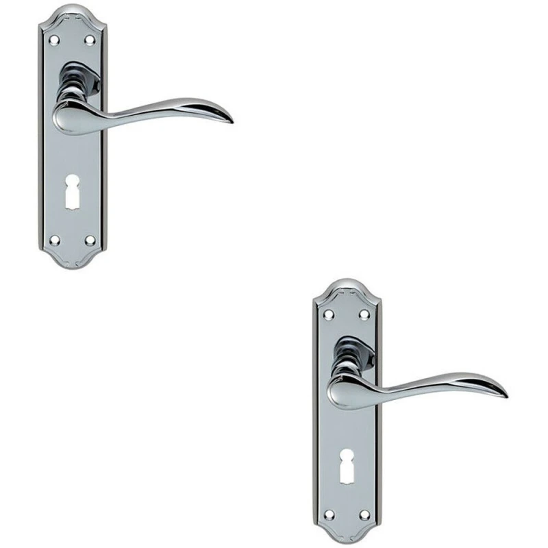 Image of Loops 2x PAIR Curved Door Handle Lever on Lock Backplate 180 x 45mm Polished Chrome Multi