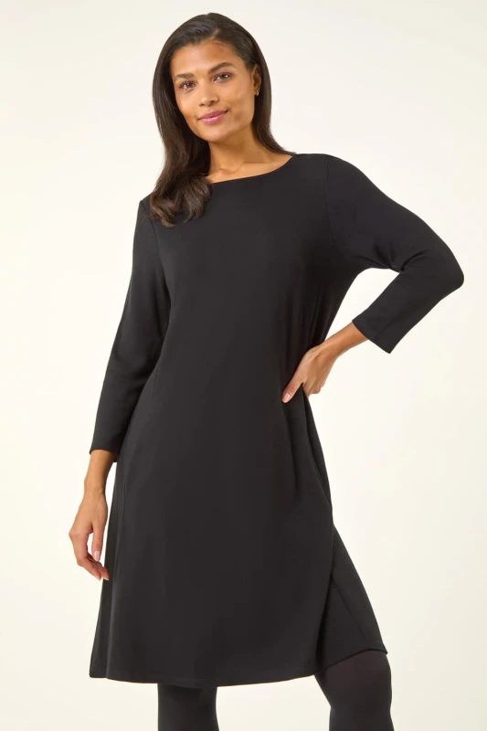 Image of Roman A-Line Pocket Detail Swing Dress Black