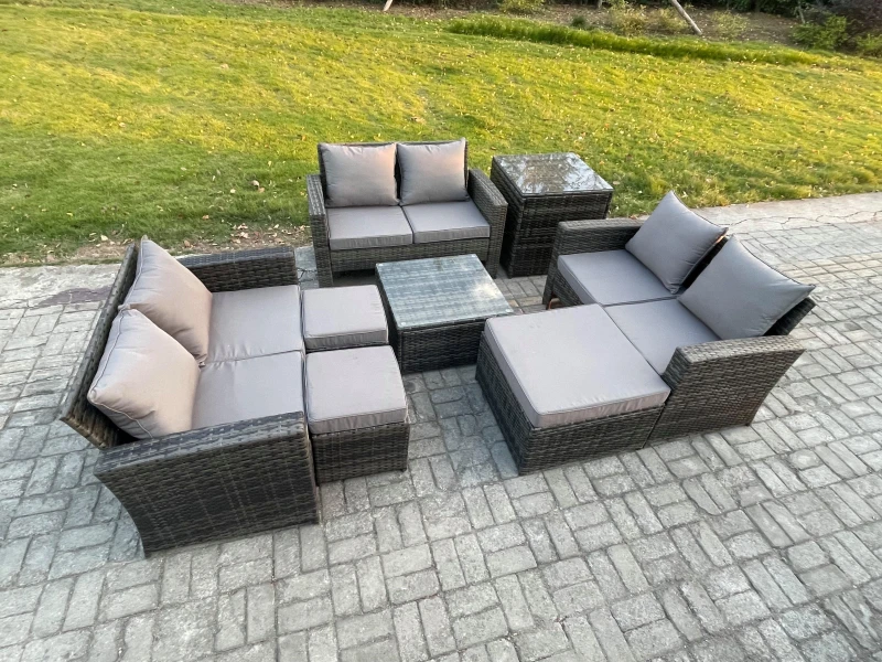 Image of Fimous Outdoor Lounge Sofa Set Wicker PE Rattan Garden Furniture Set with Square Coffee Table 3 Footstools Side Table in Dark Grey Dark Grey Unisex