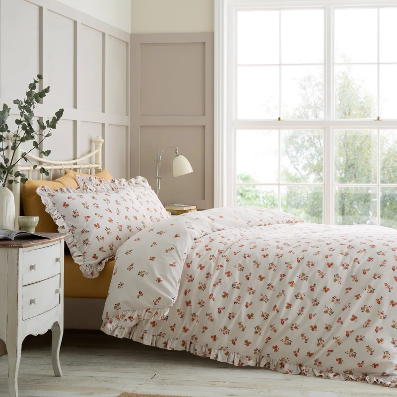 Image of Catherine Lansfield Frill Ditsy Floral Duvet Cover Bedding Set Cream