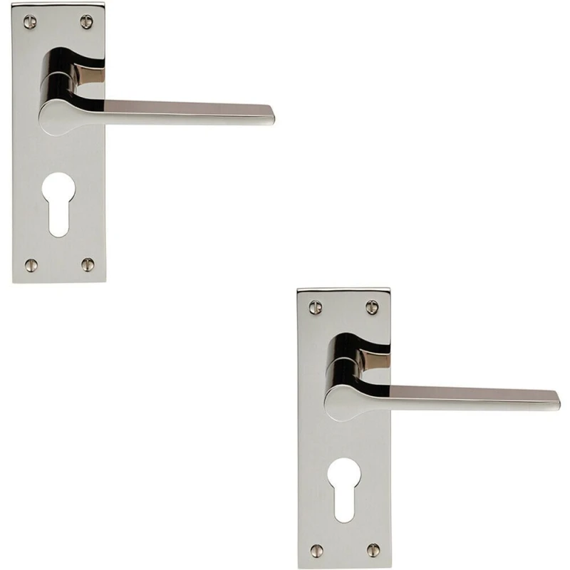 Image of Loops 2x PAIR Flat Straight Lever on Slim Euro Lock Backplate 150 x 50mm Nickel Metallics