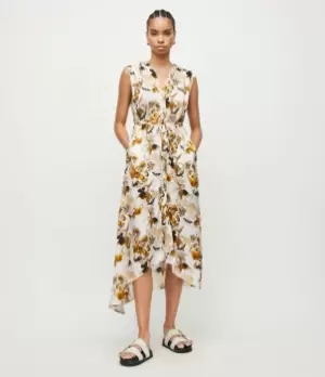 Image of AllSaints Womens Womens Viscose Relaxed Fit Tate Soleil Maxi Dress, Yellow, White and Black, Size: 16, Yellow/White/Black