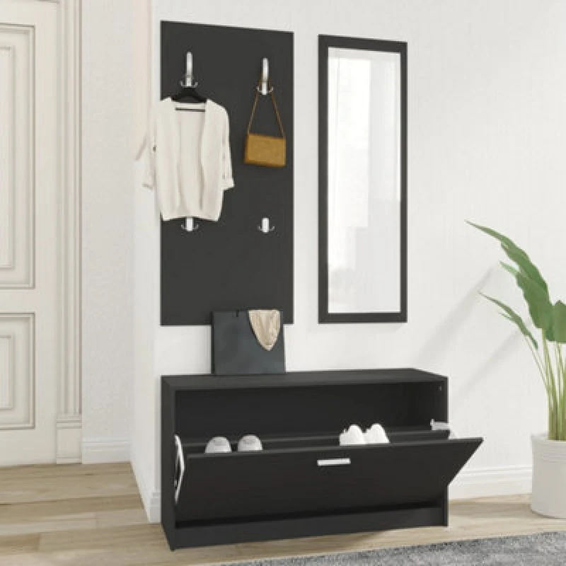 Image of Vidaxl 3-In-1 Shoe Cabinet Set Black Engineered Wood
