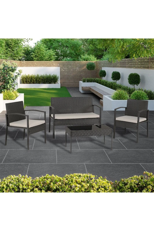 Image of Seconique Cedar 4Pc Garden Set - Black Rattan/Grey Fabric/Black Glass, Black 700-701-004
