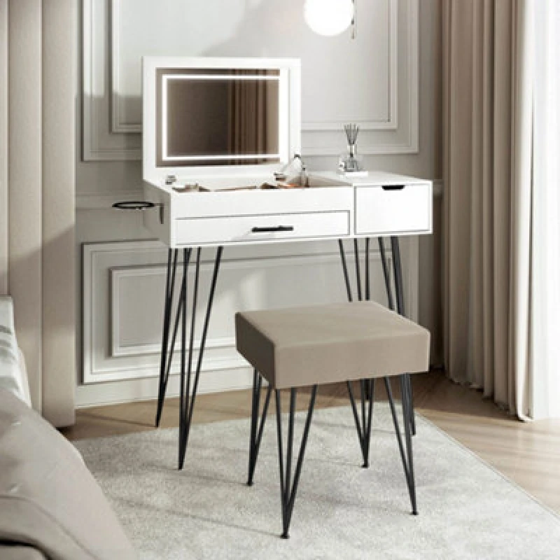 Image of CARME HOME Emilie Flip Top LED Mirror Dressing Table with Stool Set White