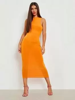 Image of Boohoo Slinky High Neck Racer Midaxi Dress - Orange, Size 10, Women