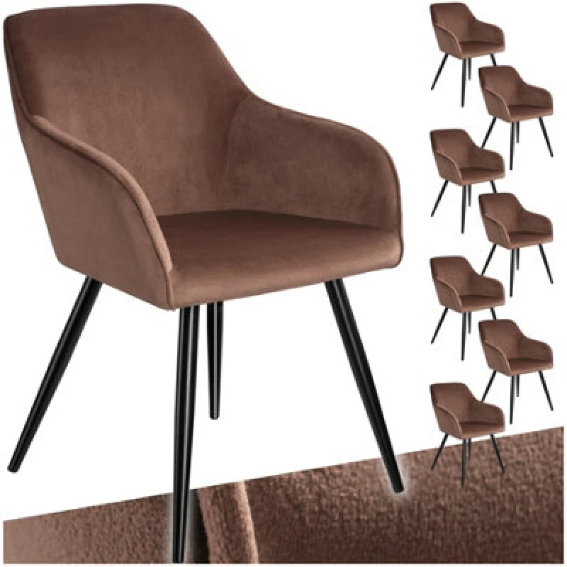 Image of Tectake Set Of 8 Dining Chair Marilyn - With Armrests, Padded, Velvet Look, Black Steel Legs - Brown/black
