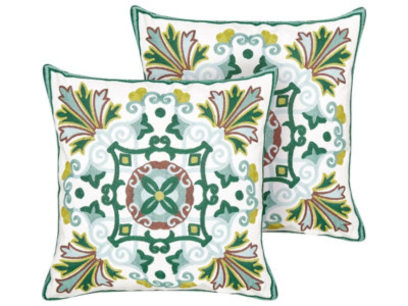 Image of Beliani Set Of 2 Decorative Cushions Elanite Cotton 45 X 45cm Green Oriental Pattern