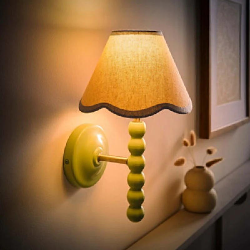 Image of Valuelights Bobbin Green Wall Light With Blue Trim Scallop Shade And Bulb