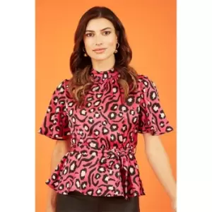 Image of Mela London Pink Animal Print Belted High Neck Top - Pink