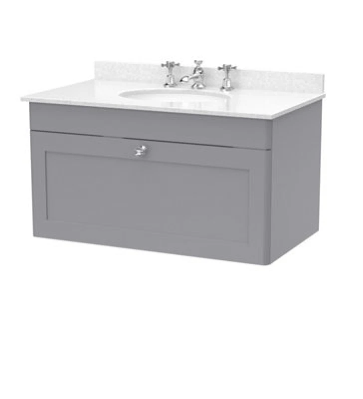 Image of nuie 800mm Wall Hung 1 Drawer Vanity & Marble Top 3TH - Satin Grey CLC296WR3