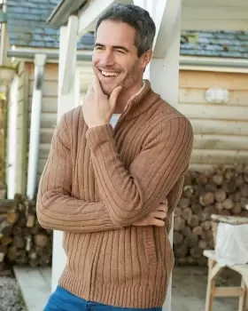 Image of Cotton Traders Sherpa Trim Cardigan in Beige