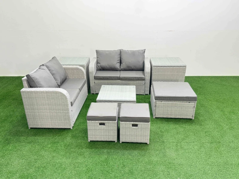 Image of Fimous 7 Seater Outdoor Love Sofa Set Rattan Garden Furniture Set with Square Coffee Table 3 Footstool 2 Side Tables Light Grey Light Grey