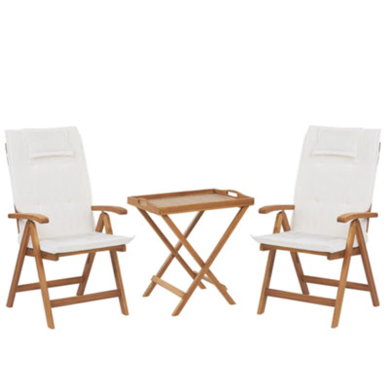 Image of Beliani Bistro Set With Cushions Folding Java Acacia Wood Off-White