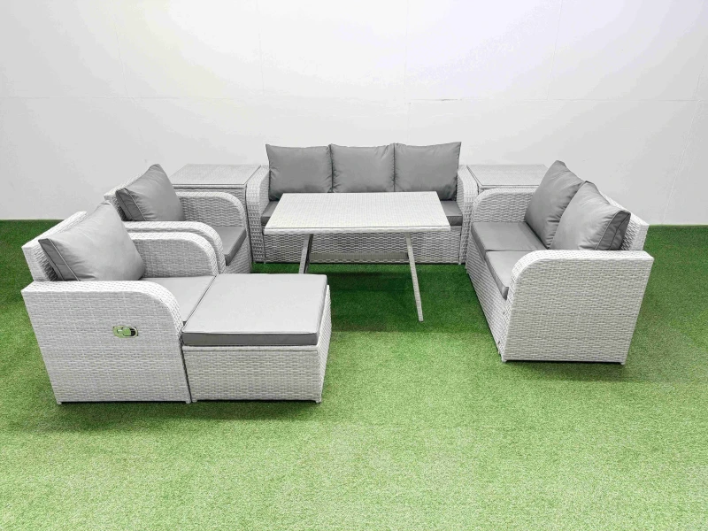 Image of Fimous Rectangular Table Sofa Set with Reclining Chair Big Stool 2 Side Table in Light Grey Light Grey Unisex