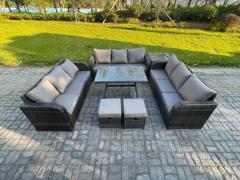Image of Fimous 11 Seater Wicker Rattan Garden Furniture Set with Rectangular Dining Table Side Table 2 Small Footstools Patio Outdoor Lounge Sofa Set Dark Gre