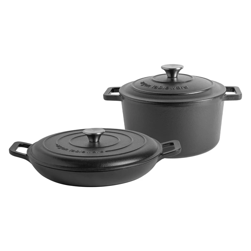 Image of Argon Tableware 2Pc Cast Iron Casserole Dish Set - 2.3L & 4.5L Black Enamel Finish, Oven Safe Dutch Oven Cookware With Lid