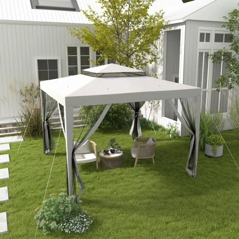 Image of Outsunny 3 x 3m Gazebo, Netting Party Tent w/ Double Tier Roof, Light Grey 84C-195V01GY
