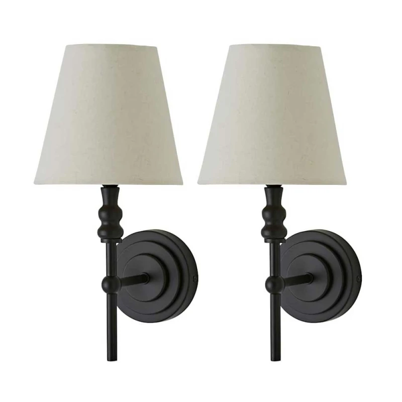 Image of ValueLights ValueLights Maggie Pair of Candlestick Wall Lights with Linen Tapered Lamp Shades in Black One Size Unisex 5059406068515