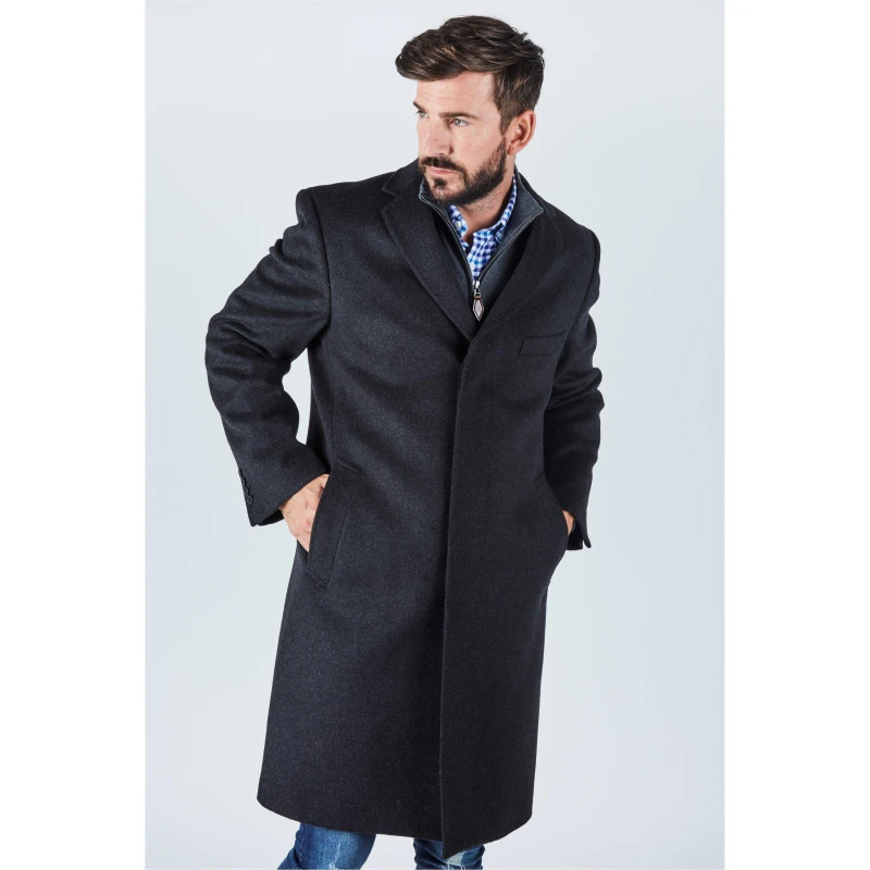 Image of Harvey and Jones Mens Long Length Winter Wool Wind Resistant Long Sleeve Overcoat Grey male 50 (60)
