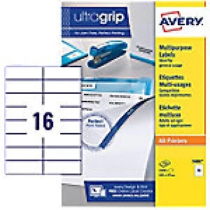 Image of AVERY Multipurpose Labels 3484 UltraGrip White Self Adhesive A4 105 x 37mm 100 Sheets of 16 Labels