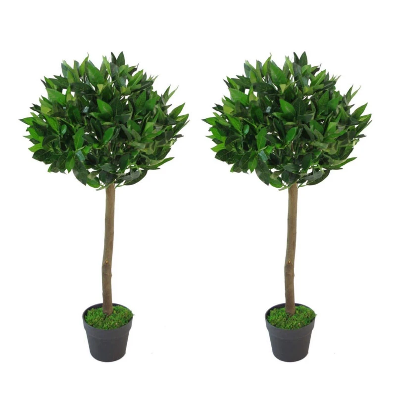 Image of Leaf 90cm Leaf Design UK Pair of Artificial Bay Topiary Ball Trees Green unisex